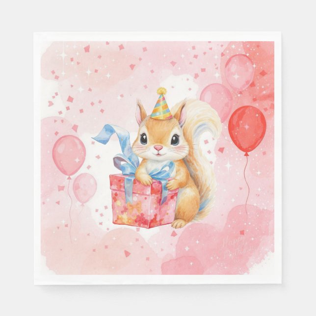 Personalized Girl's Birthday Squirrel Pink and Red Pappersservett (Framsidan)