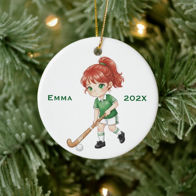 Personalized Girls (Red Hair) Field Hockey Player Julgransprydnad Keramik (Träd)