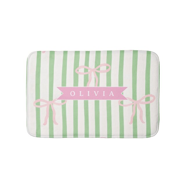Personalized Girly Coquette Green Stripe Bow Badrumsmatta (Framsidan)