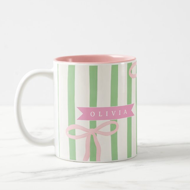 Personalized Girly Coquette Green Stripe Bow Två-Tonad Mugg (Vänster)