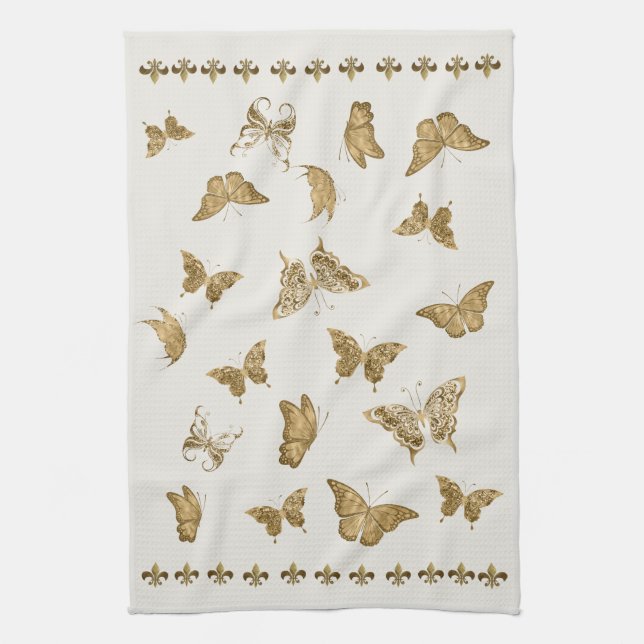 Personalized Gold Butterfly Fleur de Lis Matching Kökshandduk (Vertikal)