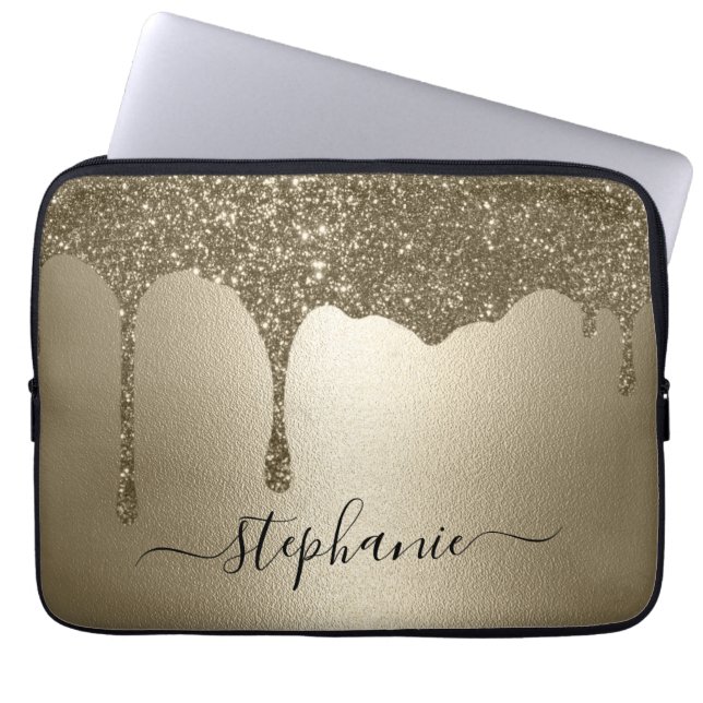 Personalized Gold Glitter Drip Laptop Sleeve (Framsidan)