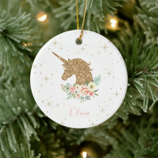 Personalized Gold Glitter Unicorn  Julgransprydnad Keramik (Träd)