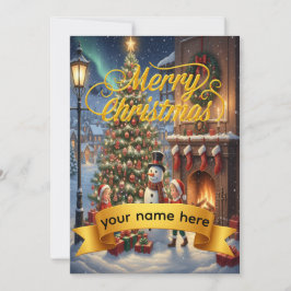 Personalized Gold Ribbon Winter  Christmas Card Julkort