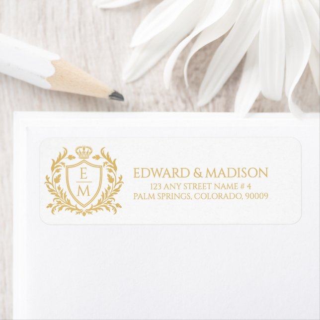 Personalized Gold Wedding Heraldic Shield Returadress Etikett (Insitu)