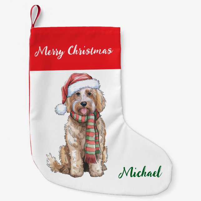 Personalized Goldendoodle Dog in Santa Hat  Liten Julstrumpa (Framsidan)