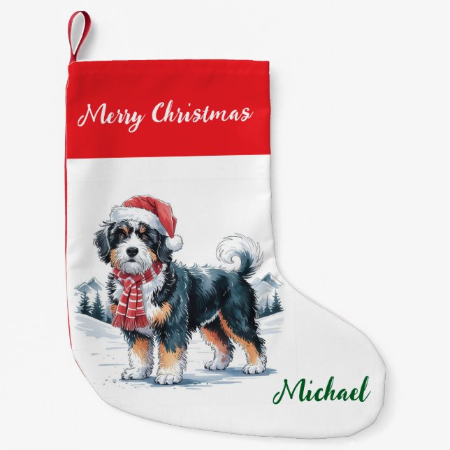 Personalized Goldendoodle Dog in Santa Hat  Liten Julstrumpa (Framsidan)
