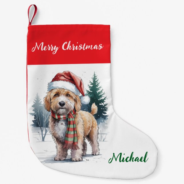 Personalized Goldendoodle Dog in Santa Hat  Liten Julstrumpa (Framsidan)