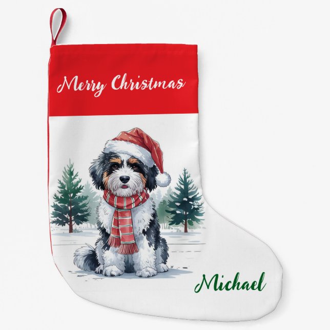 Personalized Goldendoodle Dog in Santa Hat  Liten Julstrumpa (Framsidan)
