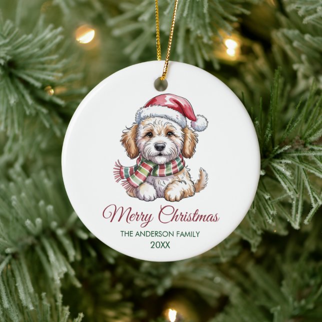 Personalized Goldendoodle Dog Santa Hat Christmas  Julgransprydnad Keramik (Träd)