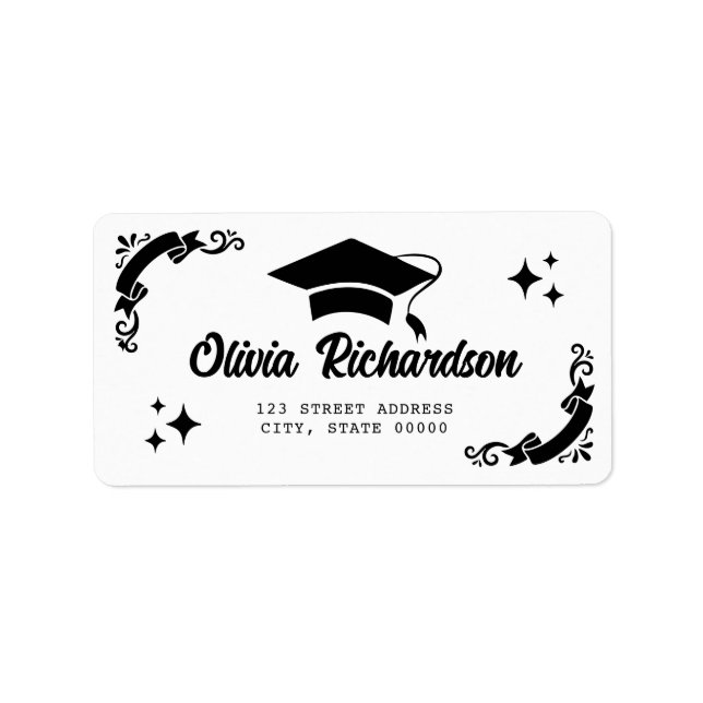 Personalized Graduation Elegant Script Stars & Cap Adressetikett (Framsidan)