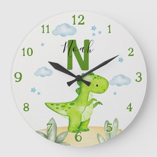 Personalized Green Dinosaur Nursery Large Clock Stor Klocka (Framsida)