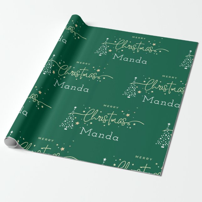 Personalized Green Elegant Script Merry Christmas Presentpapper (Utrullad)