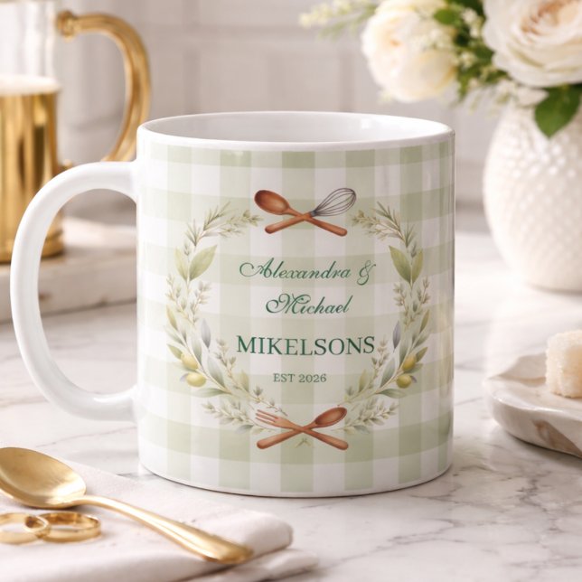 Personalized Green Gingham Newlywed Wedding Kaffemugg (Skapare uppladdad)