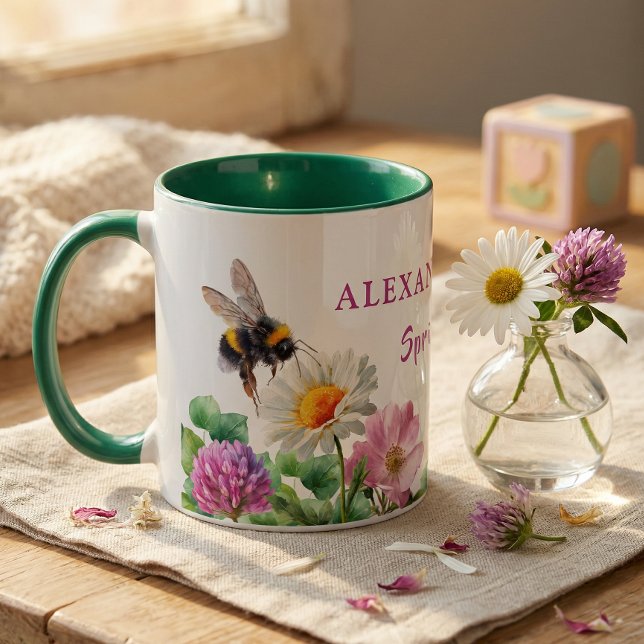 Personalized Green Watercolor Bee Spring Vibes Mugg (Skapare uppladdad)