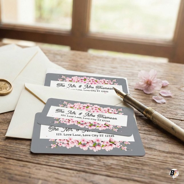 Personalized Grey & Pink Cherry Blossom Wedding  Adressetikett (Skapare uppladdad)