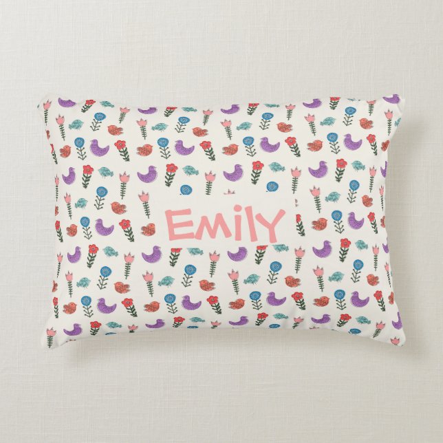 Personalized Hand-Drawn Folk Art Floral  Prydnadskudde (Framsidan)