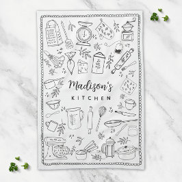 Personalized Hand Drawn Kitchen Cooking Utensils  Kökshandduk