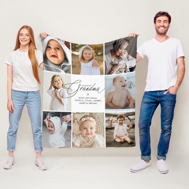 Personalized Handwritten Love You Grandma 8-Photo Fleecefilt (På plats)