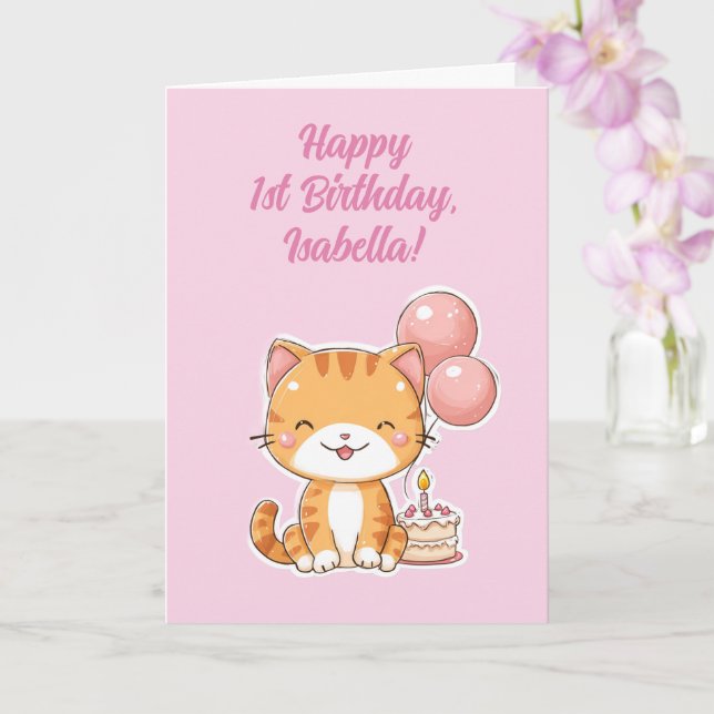 Personalized Happy 1st Birthday Girl, Cute Kitten Kort (Orkide)