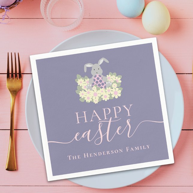 Personalized Happy Easter Cute Bunny Floral Purple Pappersservett (Personalized happy easter bunny floral purple pink napkins)