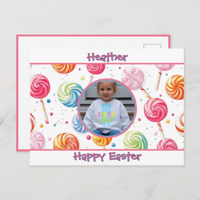 Personalized Happy Easter Lollipop Candy Photo Vykort (Fram/baksida)