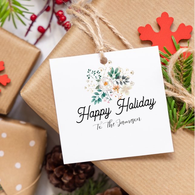 personalized happy holiday green flower christmas gåvor etiketter (Skapare uppladdad)