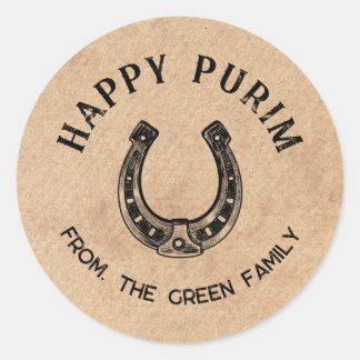 Personalized Happy Purim Round Sticker - Horseshoe Runt Klistermärke
