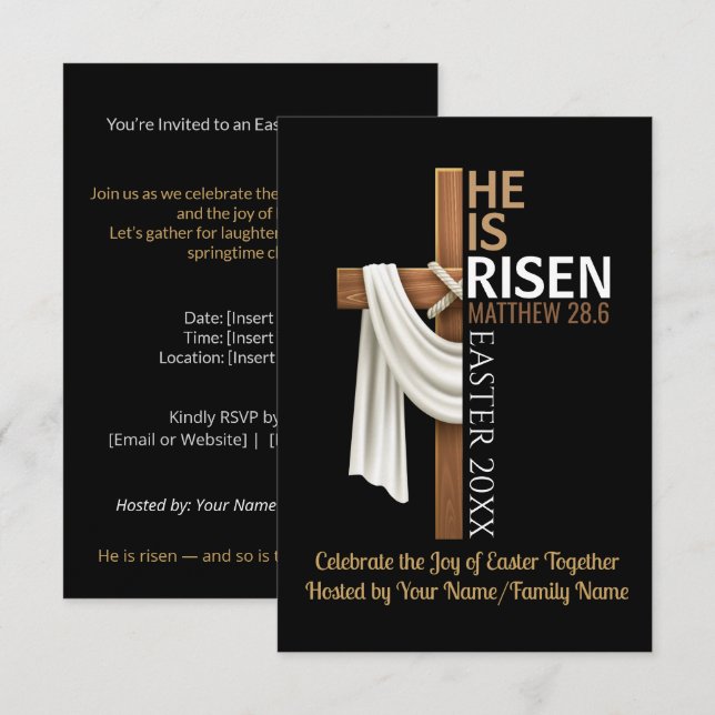 Personalized He Is Risen Easter Party Cross Inbjudningar (Fram/baksida)