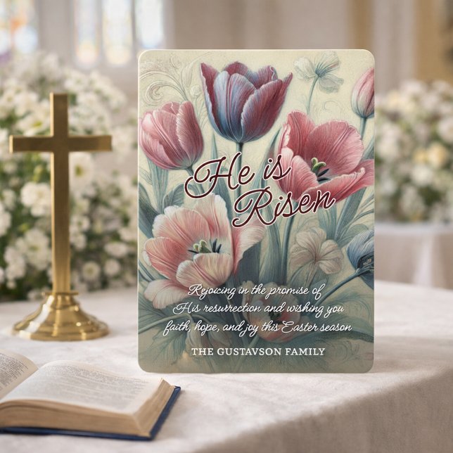 Personalized He Is Risen Tulips Floral Easter Card Julkort (Skapare uppladdad)