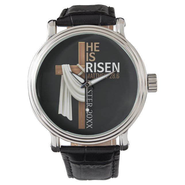 Personalized He Is Risen Vintage Easter Cross Armbandsur (Framsida)