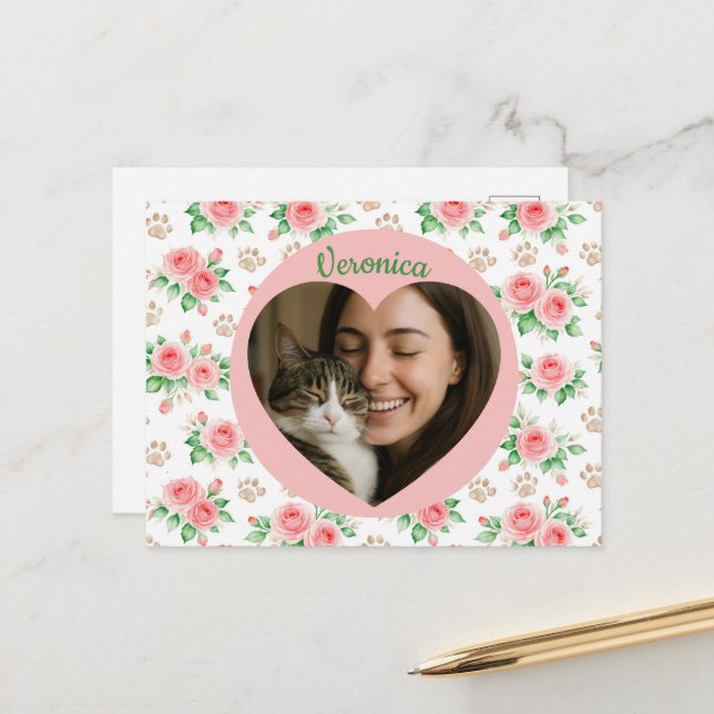 Personalized Heart Photo & Watercolor Floral  Vykort (Fram/Back In Situ)
