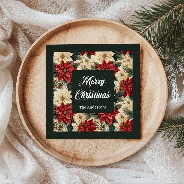 Personalized Holiday Napkins Red Poinsettia Print Pappersservett (Vintage Poinsettia Napkins Classic Red Green Style)