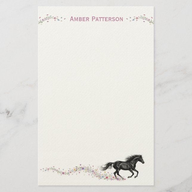 Personalized Horse Stationery Black Horse Flowers Brevpapper (Framsida)