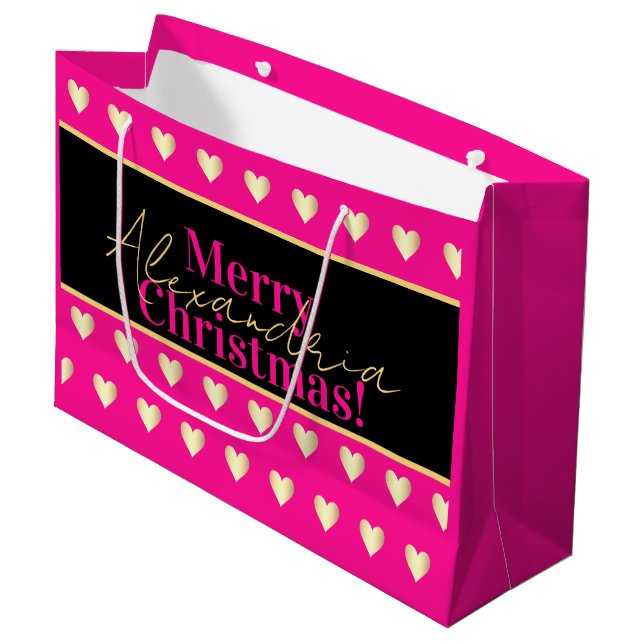 Personalized Hot Pink Black Gold Heart Christmas (Framsidan Vinklad)