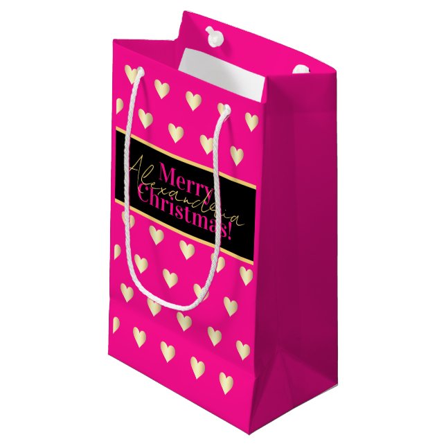 Personalized Hot Pink Black Gold Heart Christmas (Framsidan Vinklad)
