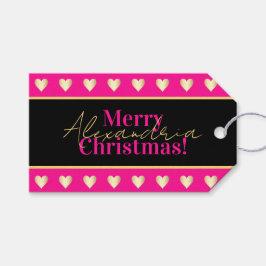 Personalized Hot Pink Black Gold Heart Christmas Presentetikett