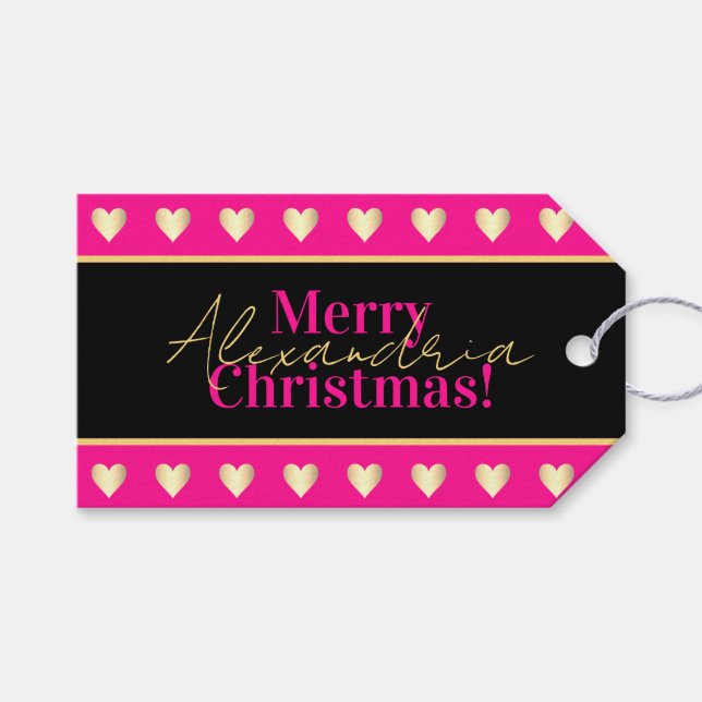 Personalized Hot Pink Black Gold Heart Christmas Presentetikett (Framsidan (Horisontell))