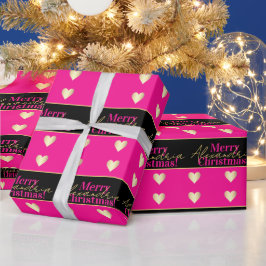 Personalized Hot Pink Black Gold Heart Christmas Presentpapper