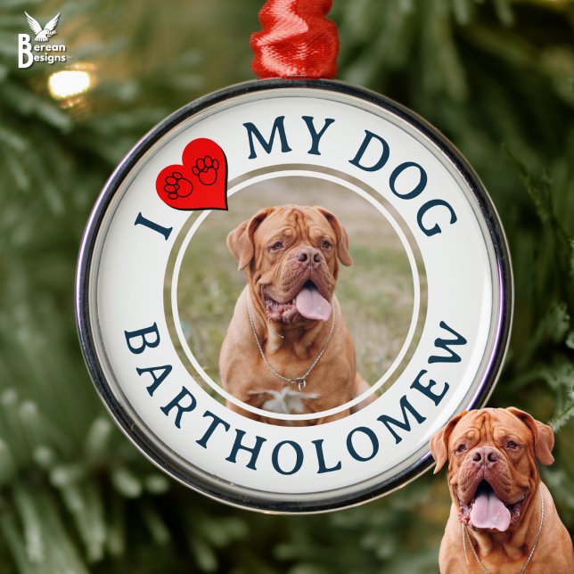 Personalized I LOVE MY DOG Photo Julgransprydnad Metall (Personalized I LOVE MY Pet Photo ornament for Dog Moms and Dads. Gift from your favorite furbaby)