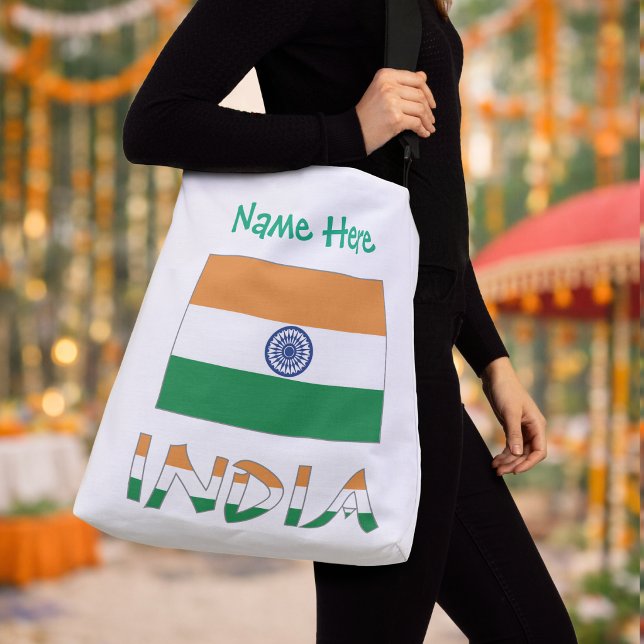 Personalized India Flag Crossbody Bag   Axelväska (Personalized crossbody bag with Indian flag, INDIA in flag colors, and name above in green text.)