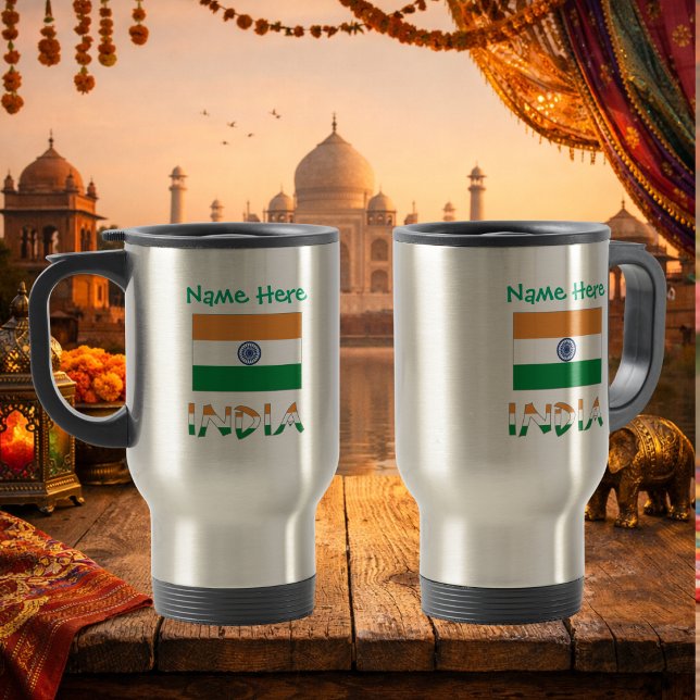 Personalized India Flag Resemugg (Personalized travel mug with Indian flag, INDIA in flag colors and place for name above. Both sides.)