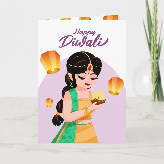 Personalized Indian Girl Diwali Floating Lantern Kort (Framsida)