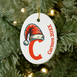 Personalized Inital Letter Name and Year Santa Hat Julgransprydnad Keramik