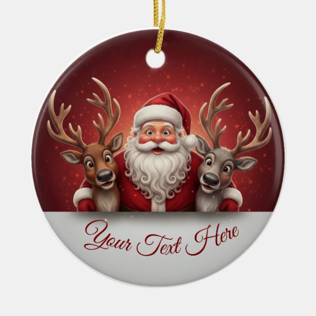 Personalized Jolly Santa Claus & Reindeer Trio  Julgransprydnad Keramik (Framsidan)