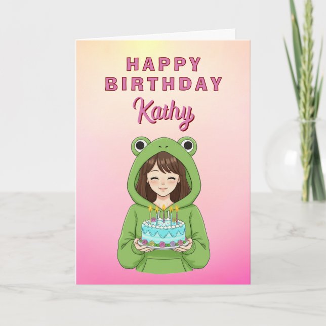 Personalized Kawaii Frog Hoodie Girl Birthday Kort (Framsida)