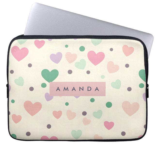 Personalized Kawaii Pastel Hearts & Dots Laptop Fodral (Framsidan)