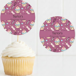 Personalized Kawaii Pink Purple Cupcake Topper  Runt Klistermärke
