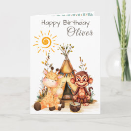 Personalized Kids Birthday Card with Cute Animals Kort