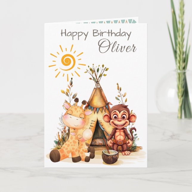 Personalized Kids Birthday Card with Cute Animals Kort (Framsida)
